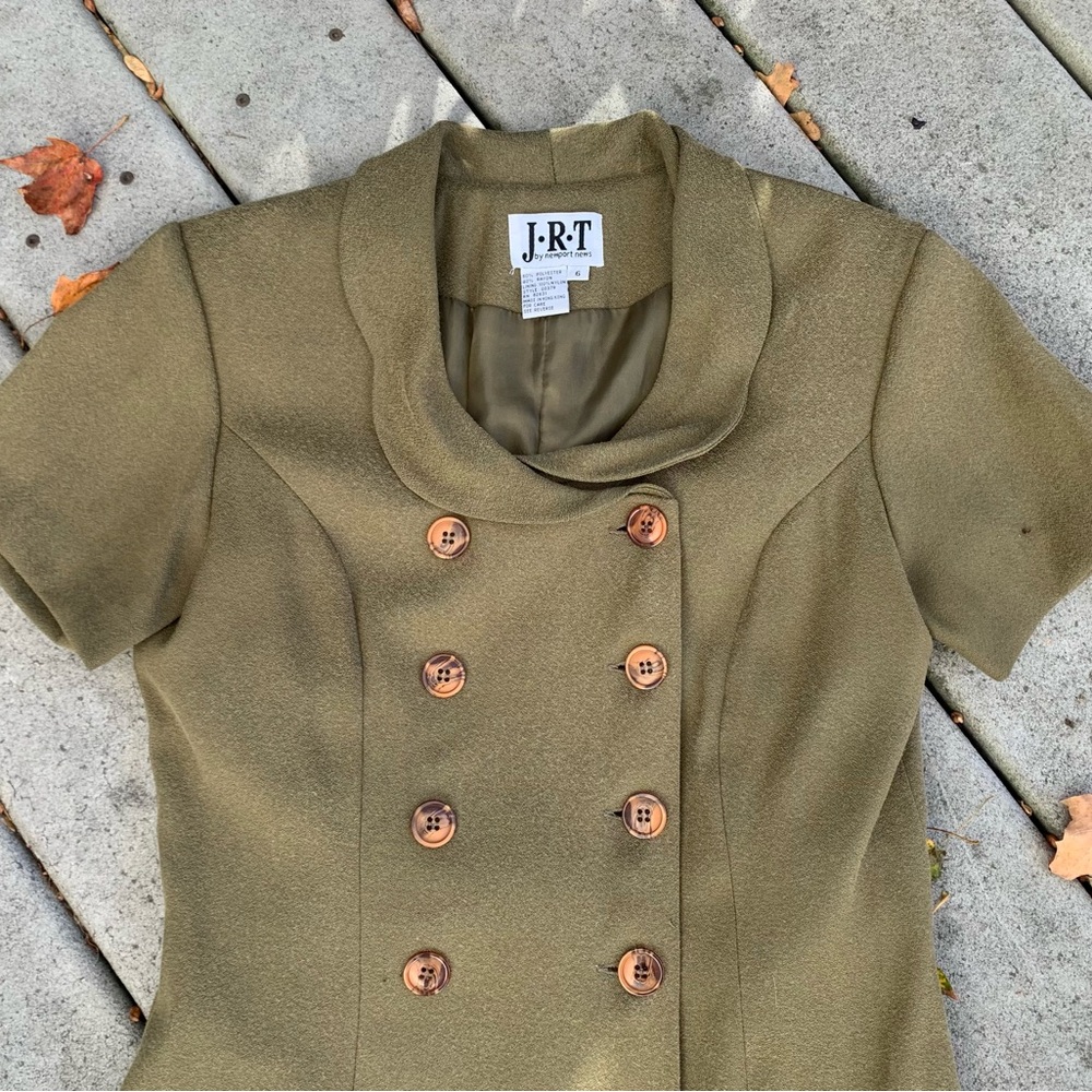 Vintage Olive Double-Breasted Mini Dress | 90’s Short Sleeve Button Front Dress - Picture 5 of 6